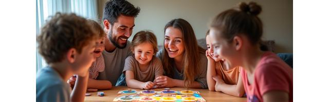 Familia riendo mientras juegan un juego de mesa divertido