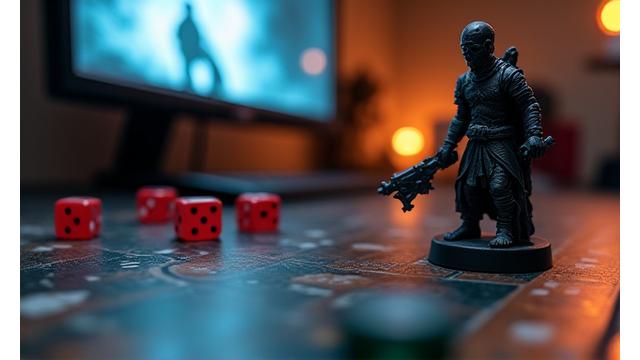 Un grupo de amigos inmersos en una partida de rol, con dados y miniaturas